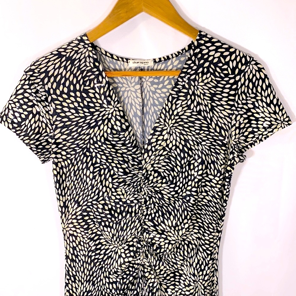 Mint/Vint Blk-Wht Abstract Ruched Dress-from PARIS Flattering/beautiful on-Sz-Xs